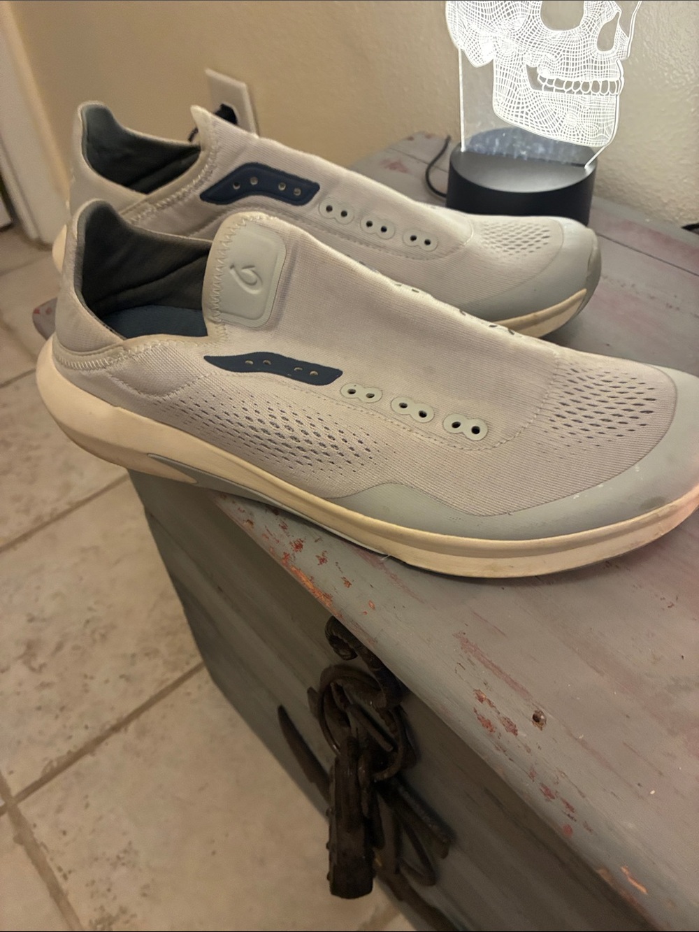 OluKai Men’s Slip-On Loafers — Light Gray with Blue Accents